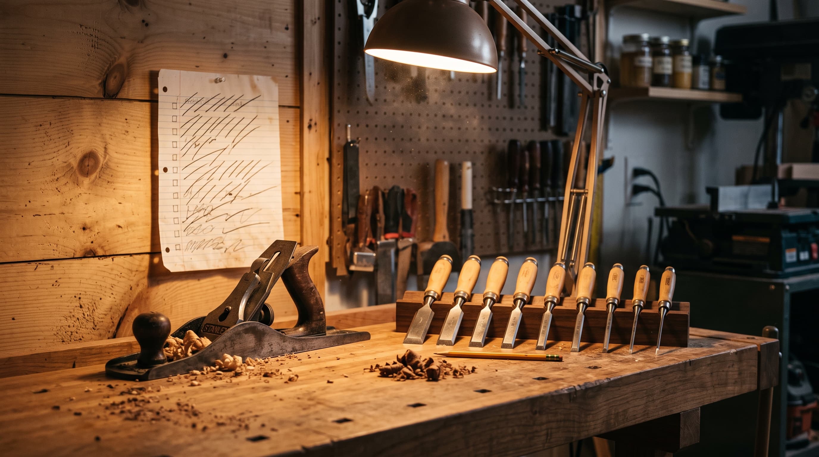 The FIXRR workbench — planes, chisels, and a written list under task lighting
