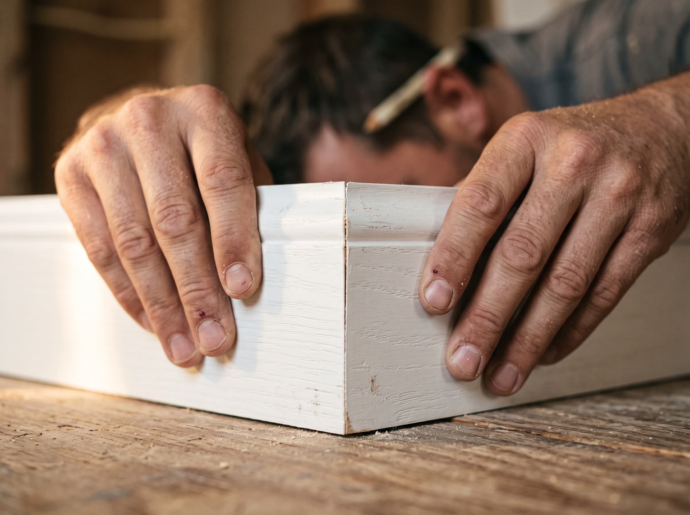 Close detail of a hand fitting a mitred trim joint